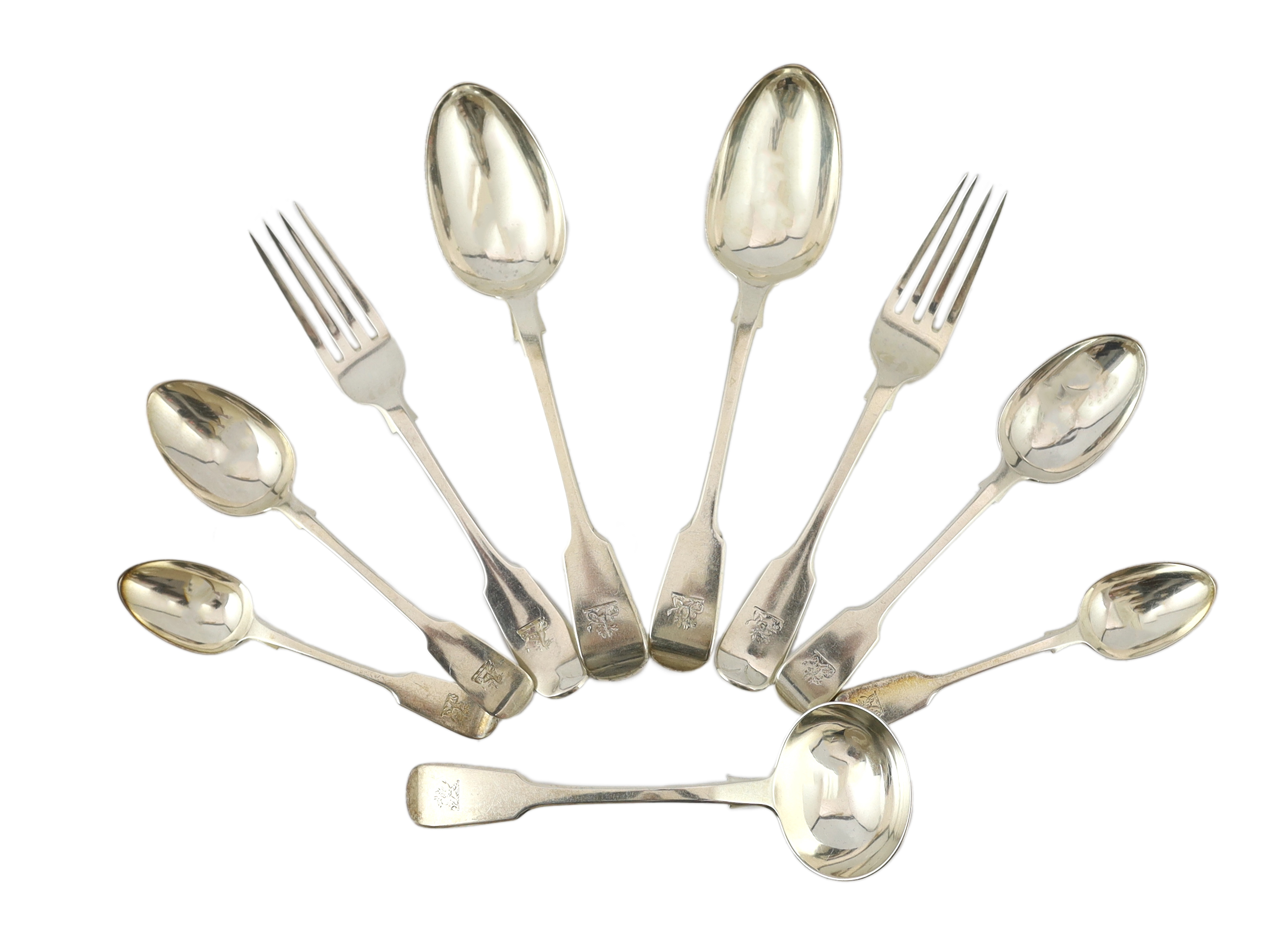 A part canteen of Victorian silver fiddle pattern flatware, by George Adams